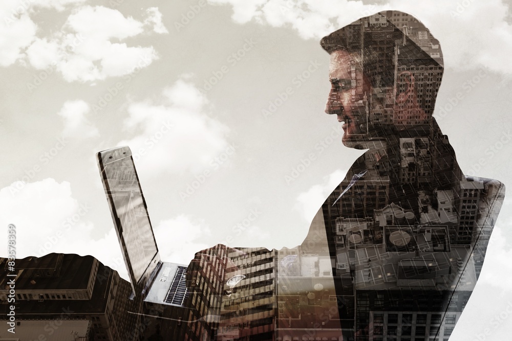 Poster composite image of businessman using laptop