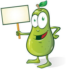pear cartoon isolated on white background with signboard