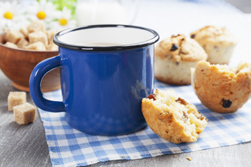 Mug coffee with milk and muffins