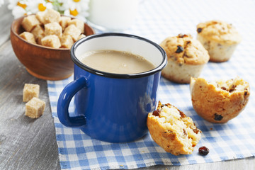 Mug coffee with milk and muffins