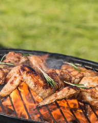 Grilled chicken wings on fire