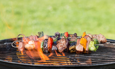 Vegetable and meat skewer on grill