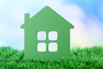 Toy house on grass on natural background