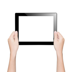 closeup hand holding tablet isolated white clipping path inside