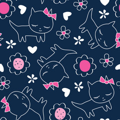 seamless cat and flowers pattern vector illustration