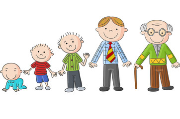 Aging people, Men at different ages. Hand drawn cartoon men
