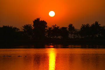 Beautiful sunset over lake with silhouetted of tree