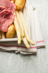 Raw asparagus with veal schnitzel and fresh potatoes