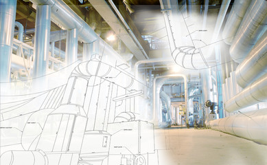 Sketch of piping design mixed with industrial equipment photo