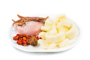 Ingredients to double boil Chinese old yellow cucumber soup