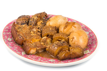 Chinese stewed pork, mushrooms, sea cucumber, and eggs dish