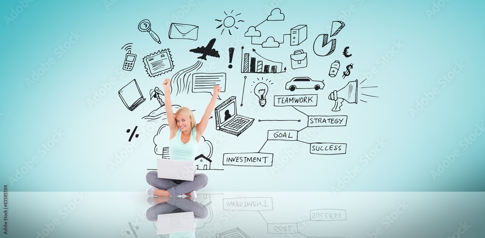 Poster composite image of cheering blonde using laptop