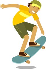 Skateboarder boy jumping on skateboard in flat style isolated on