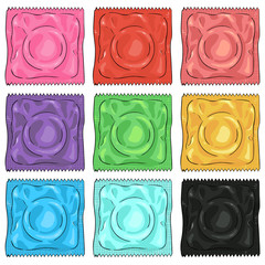 Vector Set of Cartoon Colour Condoms