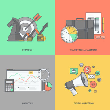 Set of color line icons on the theme of business and marketing