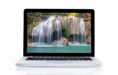 Laptop with landscape Erawan Waterfall