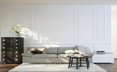 sofa in apartment vor weißer wand