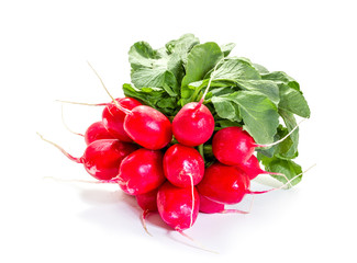 Fresh raw radishes on a white background