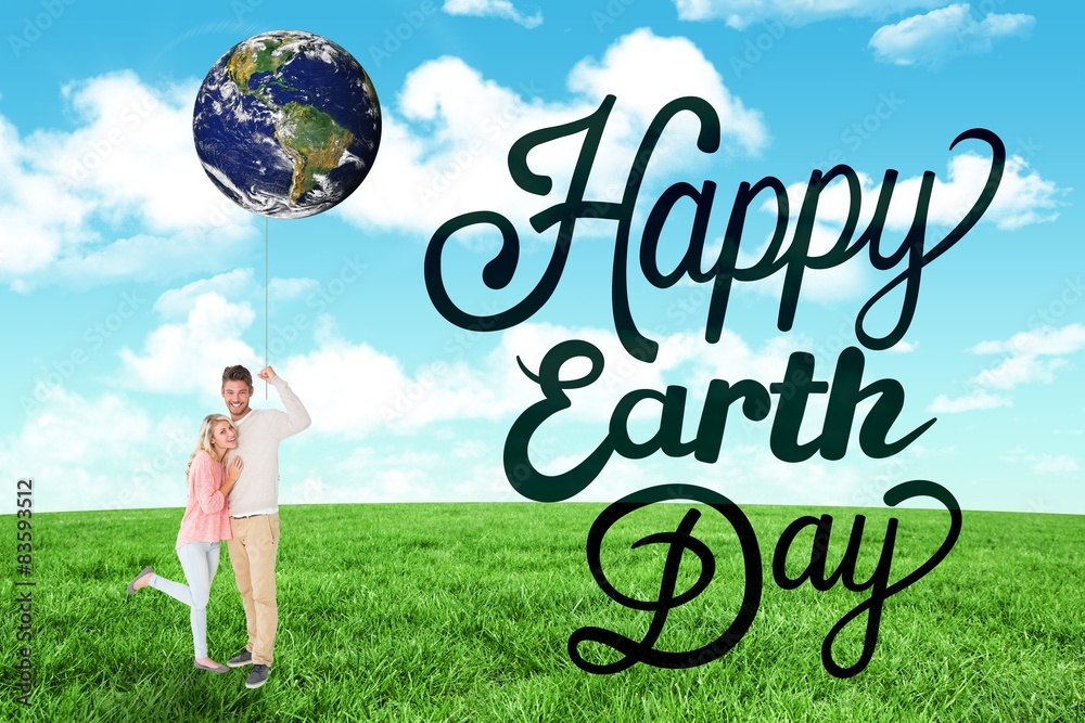 Poster composite image of attractive couple smiling and cheering