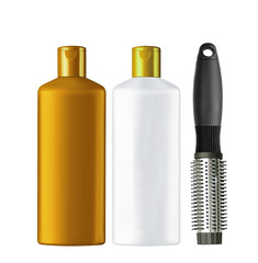 Plastic bottles shampoo and comb isolated on white background