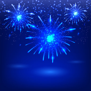Celebratory fireworks on a blue background. Card. Vector illustr