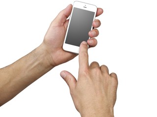 hands holding a phone isolated on white