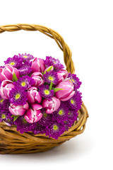 Fototapeta na wymiar Bouquet made of tulips and chrysanthemum flowers