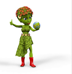 Green Girl with earth globe giving a thumbs up