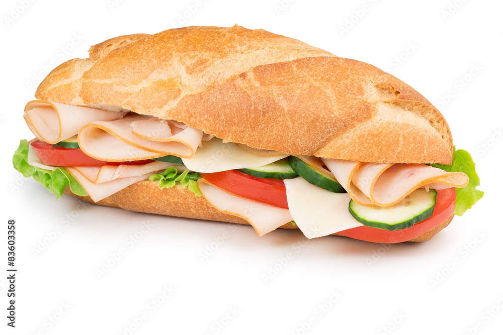 Wall mural ham and vegetables sandwich isolated on white