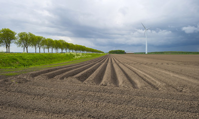 Plowed field with furrows under deteriorating weather