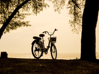 Fototapeta na wymiar bicycle silhouette on a sunset. Summer landscape