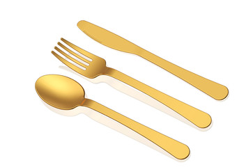 Gold spoon,knife and fork on white background