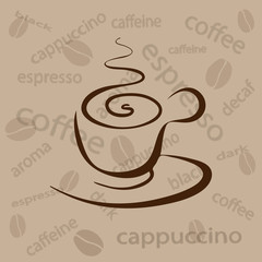 cup of coffee on a beige background with  beans and the words