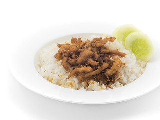 Rice with  garlic  chicken fried on white plate.