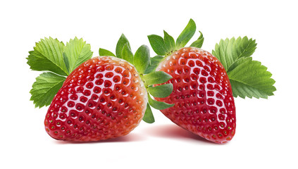 Two strawberries with many leaves isolated on white background