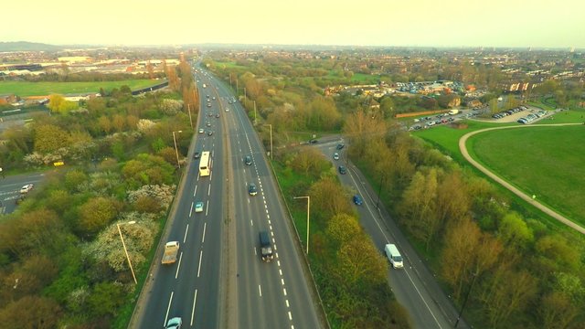 Aerial shot over a busy highway 