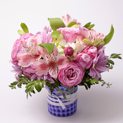 Beautiful pink bouquet with astrantia, fresia, rose, ranunculus