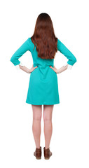 back view of standing young beautiful  woman.  girl  watching.