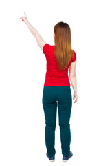 Back view of  pointing woman.