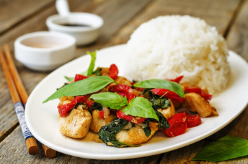 Basil pepper chicken stir fry with rice