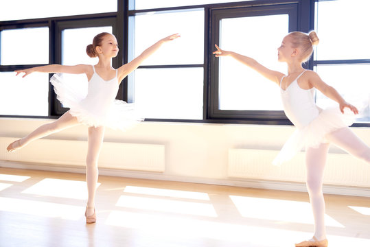 Two graceful little girls practicing ballet