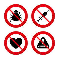 Bug and vaccine signs. Heart, spray can icons