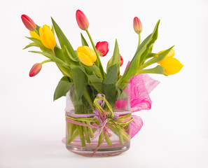 Bright tulips in vase on the white background