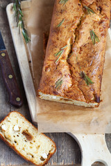 Savory loaf cake with parmesan cheese, feta cheese, figs