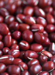Dry red adzuki beans, macro, selective focus - some beans in foc