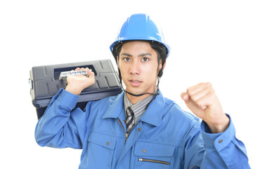 ガッツポーズの労働者