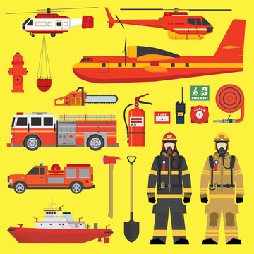 Fire brigade equipment infographics set