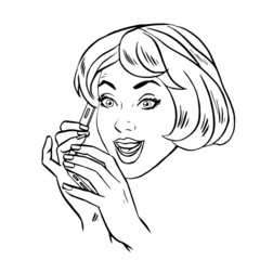 Young woman talking on smartphone retro line art