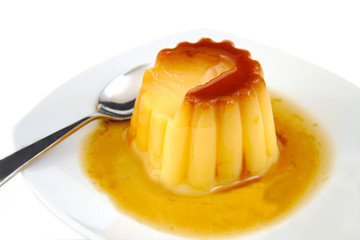 Creme caramel, caramel custard or custard pudding isolated on