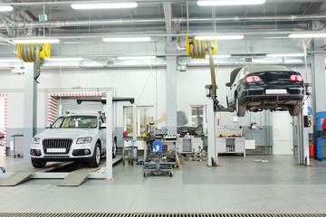 Cars in a dealer repair station in Moscow, Russia